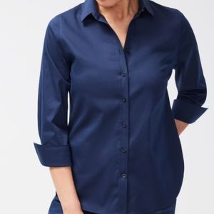 Chicos No Iron Button Down Shirt Navy Long Sleeves Front Seams Sizes 0